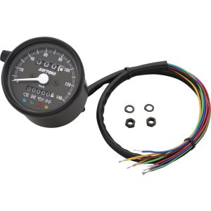 Daytona 'Mechanica II' Tachometer, 140km/h-Anzeige, 60mm Durchmesser, Gehäuse schwarz, Ziffernblatt schwarz, 4 Kontrollleuchten,LED-Beleuchtung, 6-12V