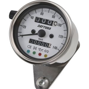 Daytona 'Mechanica II' Tachometer, 140km/h-Anzeige, 60mm Durchmesser, Edelstahlgehäuse, Ziffernblatt weiß, 4 Kontrollleuchten,LED-Beleuchtung, 6-12V