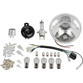 Powerdynamo Ergänzungskit H4 inkl. Reflektor und Anschlusskabelbaum, Leuchtmittel, Hupe, Blinkrelais, Kleinteile (ohne Batterie)
