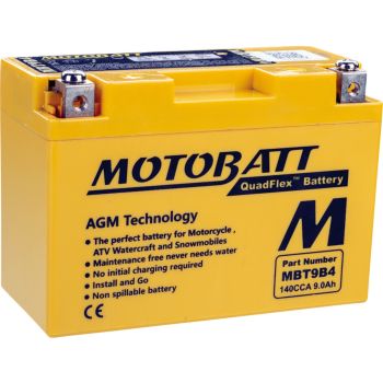 AGM-Batterie MOTOBATT 12V, wartungsfrei befüllt, auslaufsicher durch AGM-Technologie (Glasfaservlies), Typ MBT9B4 / YT9BBS / CT9B4