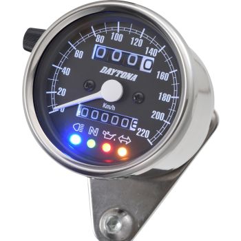Daytona 'Mechanica II' Tachometer, 220km/h-Anzeige, 60mm Durchmesser, Edelstahlgehäuse, Ziffernblatt schwarz, 4 Kontrollleuchten, Beleuchtung, 6-12V