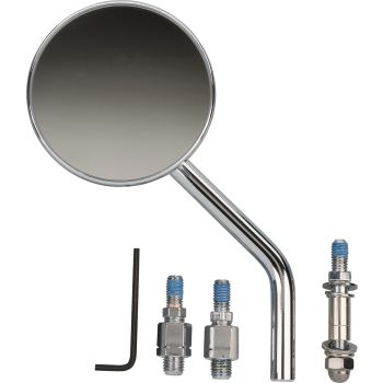 Mini-Spiegel chrom/rund, für rechte und linke Seite, inkl. 3 Gewinde-Adapter, Glasdurchmesser 81mm, Spiegelarm 13+5cm, 1 Stück, nur für Show und Racing Zwecke